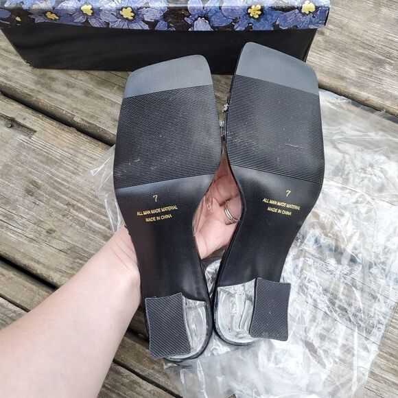 Vintage 90s Y2K Lucite Rhinestone Rachel Green Square Toe Chunky Heel Sandals - Picture 8 of 9